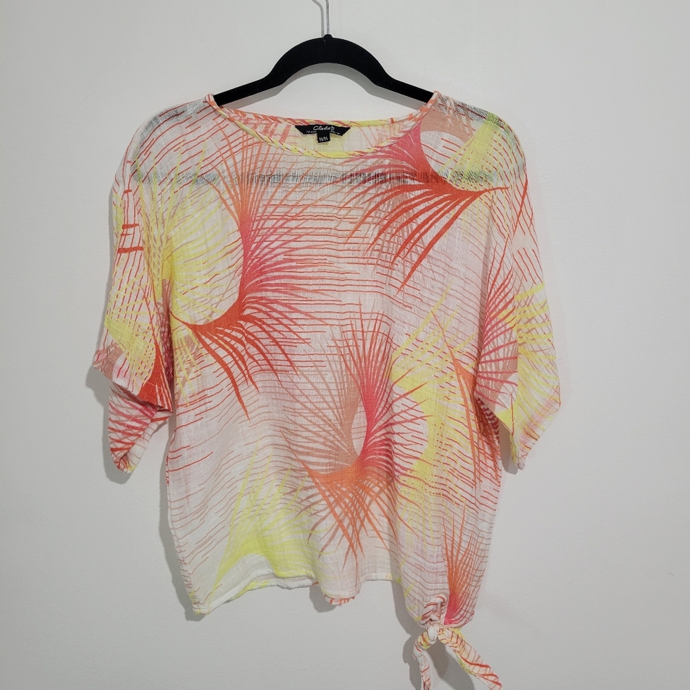 CHARLIE B WOMEN'S PALM TREE WEARABLE ART FRONT WAIST TIE LOOSE FIT TOP SIZE M
